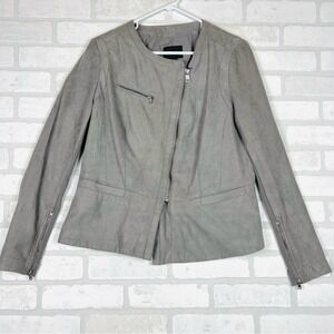 Grey Faux Suede Asymmetrical Zip Moto Jacket Collarless Zipper Cuffs